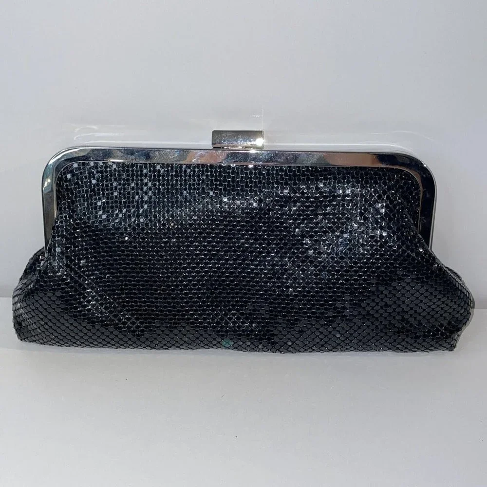 Jessica McClintock Bow Purse Black Metal Mesh Clutch Evening Bag W/ Strap‎ AL4